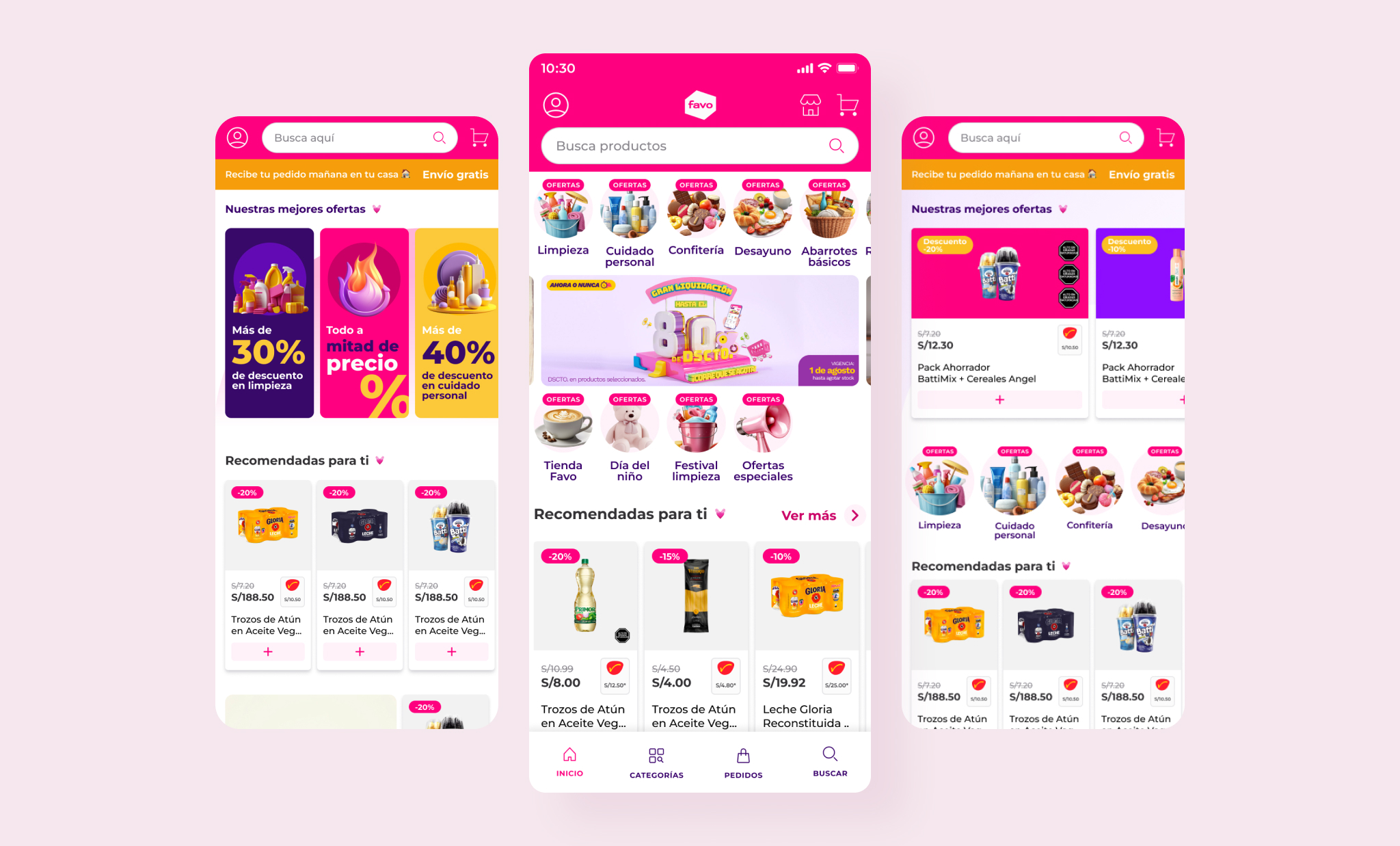 Favo Home 2.0 — three mobile screens showing the redesigned home: best-offers banners, category shortcuts, a Gran Liquidación promo, and personalized 'Recomendadas para ti' product rails