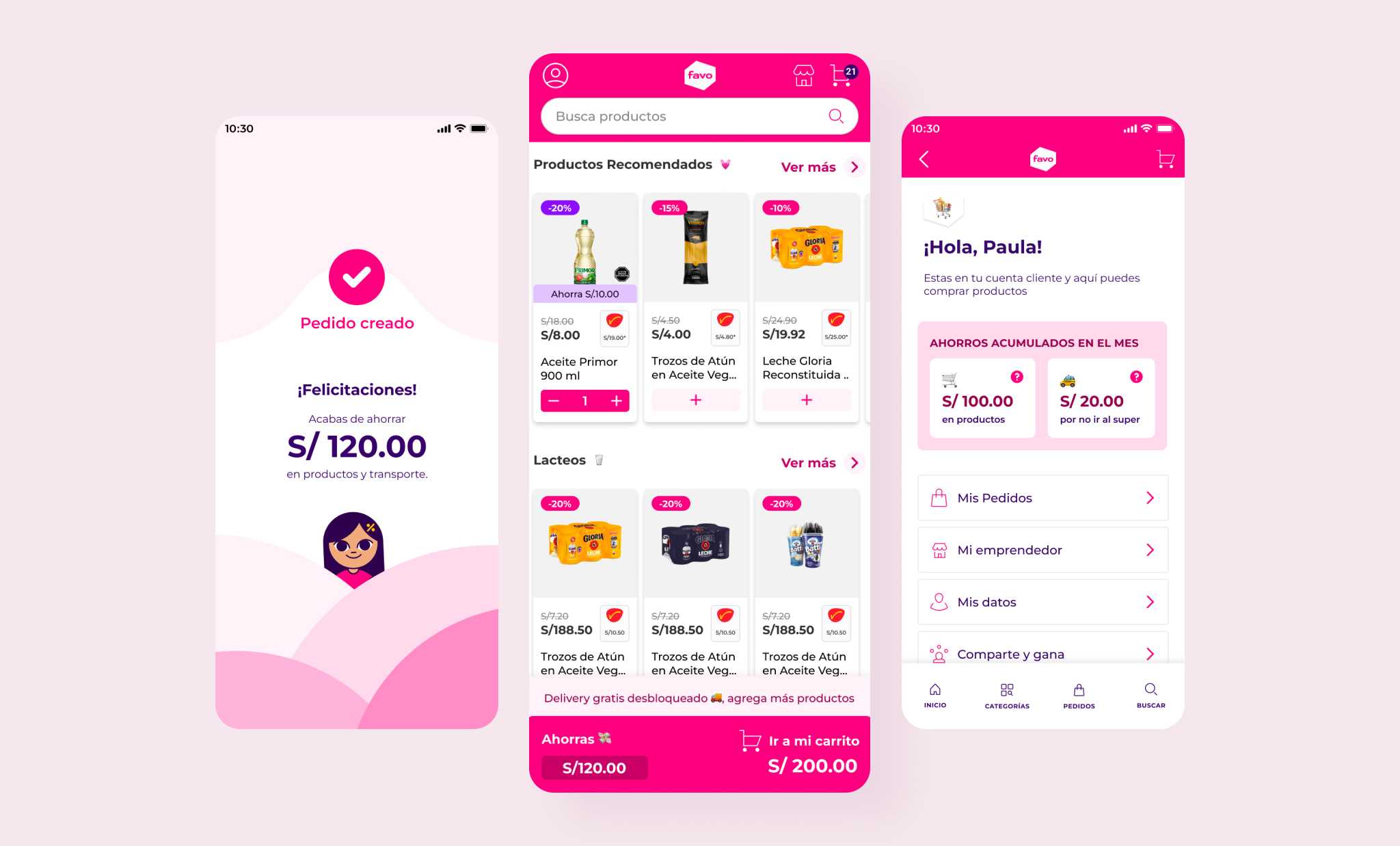Favo visible-savings components — three mobile screens: an order-confirmation 'Acabas de ahorrar S/120.00' screen, a per-product 'Ahorra S/10.00' tag with a sticky cart-savings bar, and an account view showing monthly accumulated savings on products and transport