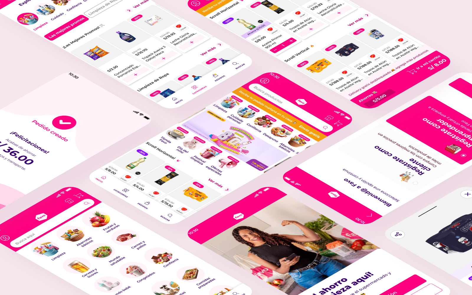 Isometric montage of the Favo social-commerce app across mobile screens.