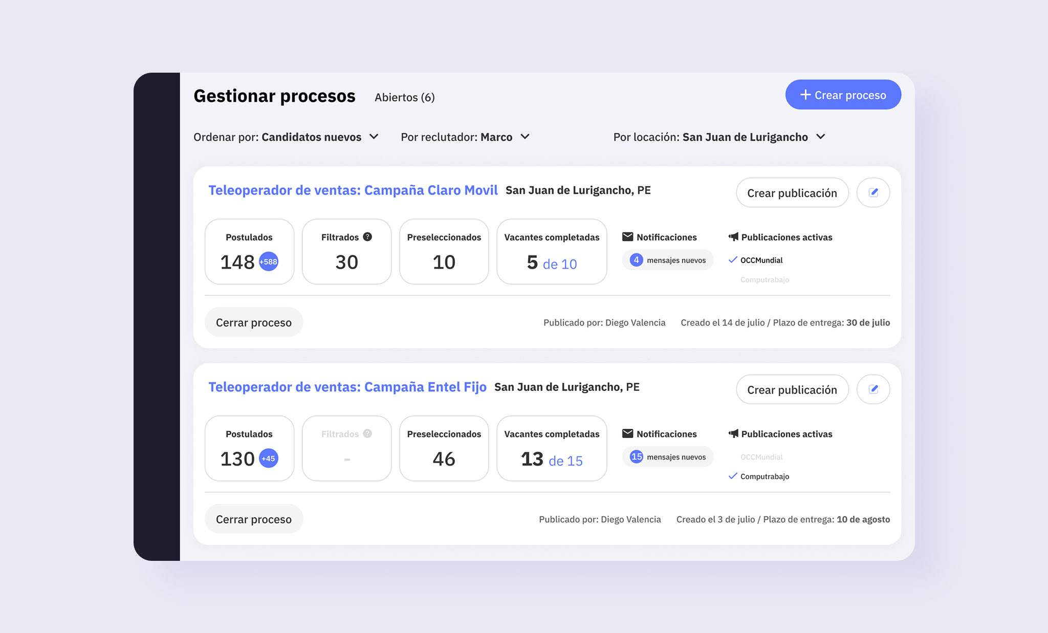 Hiring forecast — process-management view showing applicants, filtered, preselected, and completed vacancies against delivery deadlines for each open role