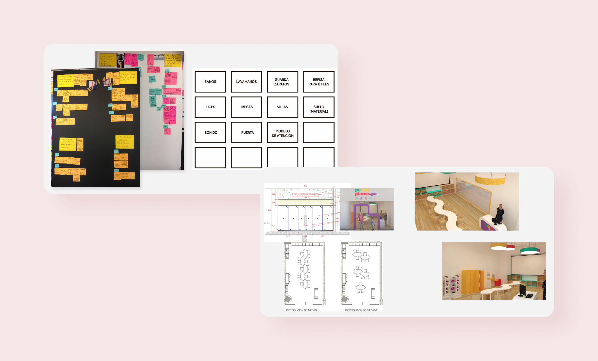 Designing the Pequeplanes venue — affinity-mapping wall from creator and parent research, a checklist of fixtures to specify (baños, lavamanos, luces, mesas, sillas, sonido, módulo de atención…), the storefront elevation and table-layout floor plans, and 3D renders of the finished multifunctional room with its curved bench and modular furniture