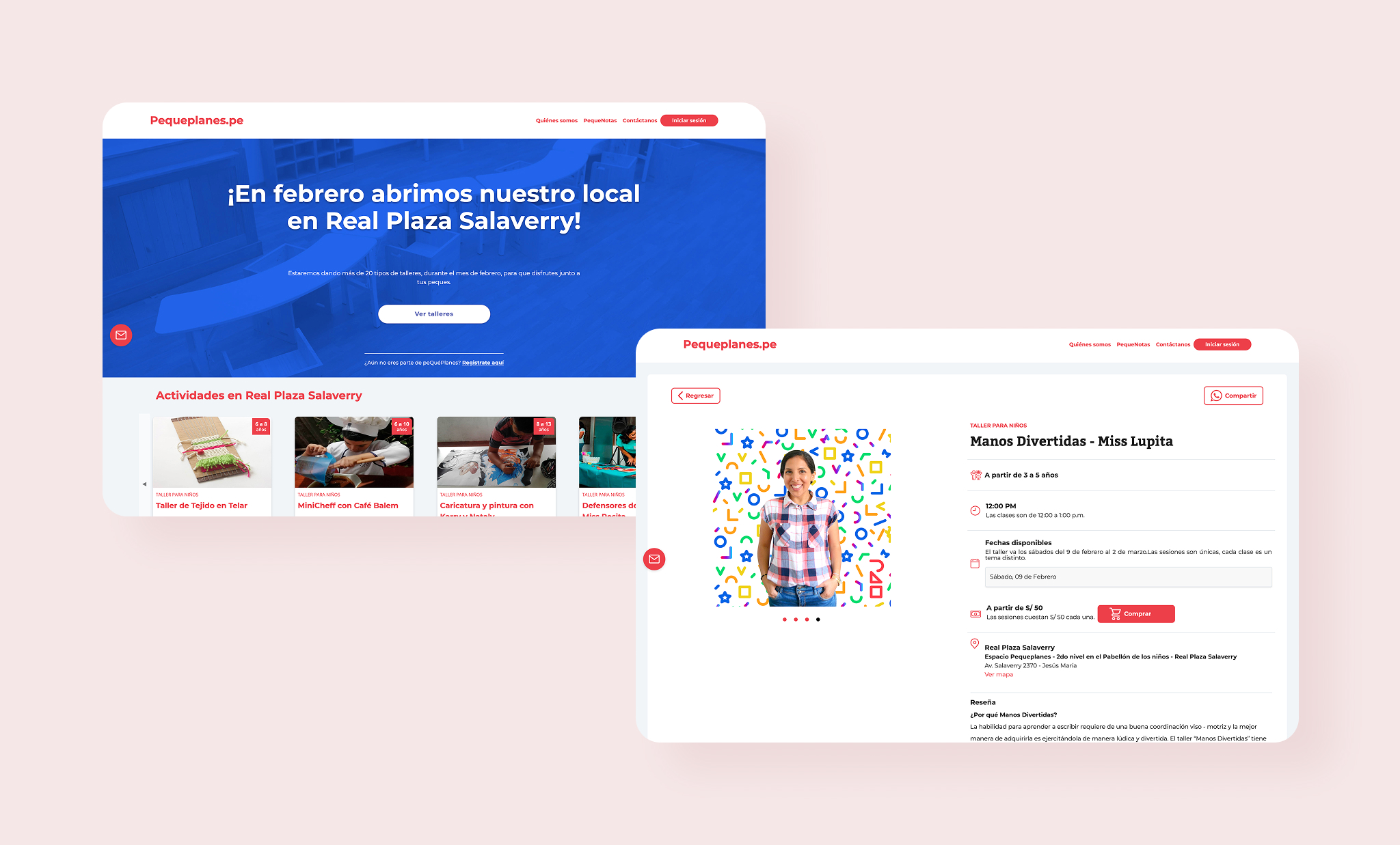 The relaunched Pequeplanes.pe — a rebranded homepage announcing the new venue at Real Plaza Salaverry with a workshop catalog, and an activity detail page for a children's workshop showing schedule, dates, price, location, and a Comprar booking flow