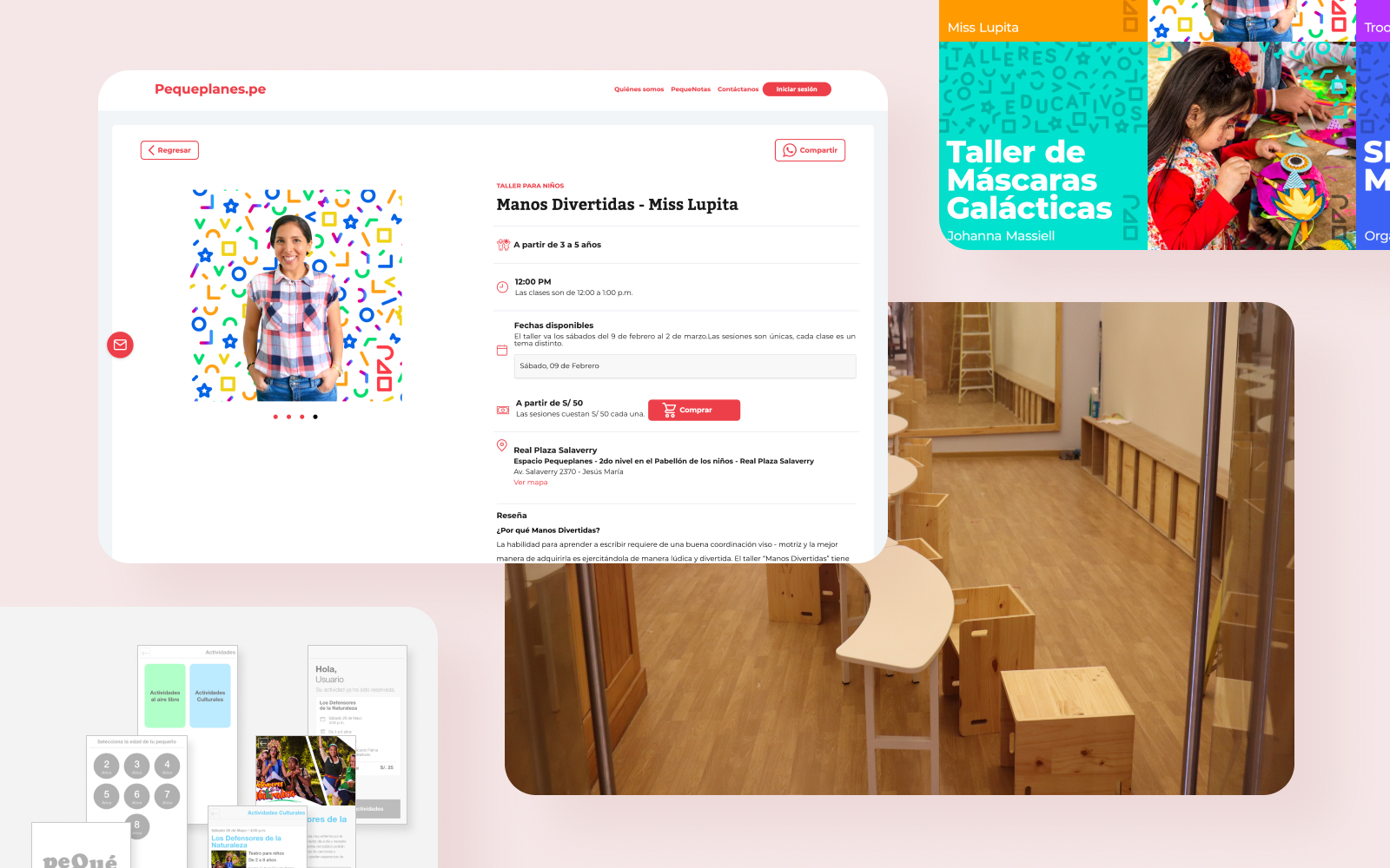 Pequeplanes.pe platform and the finished venue at Real Plaza Salaverry — activity detail page, mobile screens, branded workshop cards