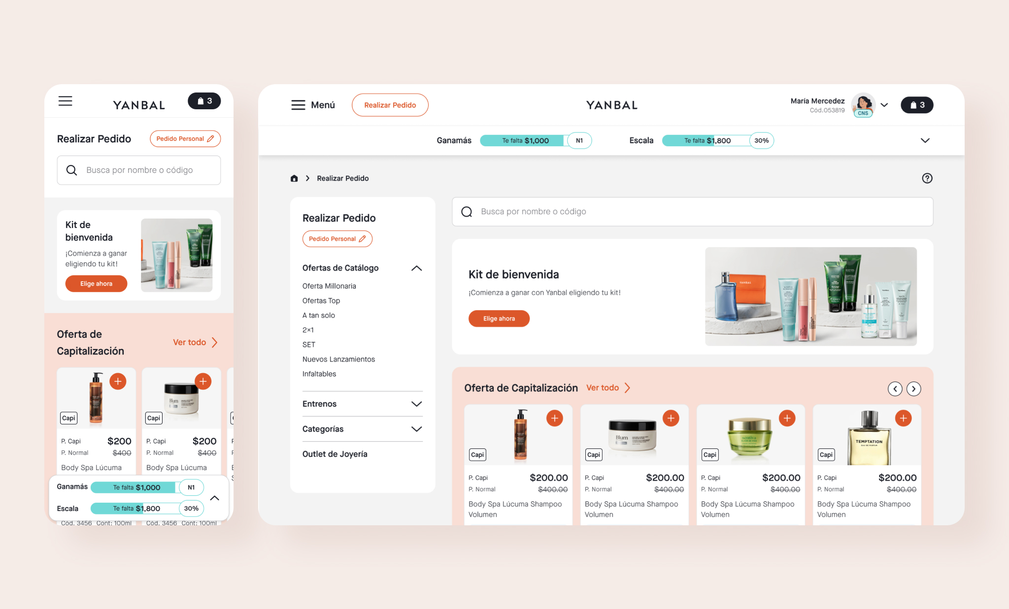 Yanbal Realizar Pedido home screen — mobile and desktop, showing the welcome kit banner, Oferta de Capitalización products, and the persistent Ganamás / Escala progress strip