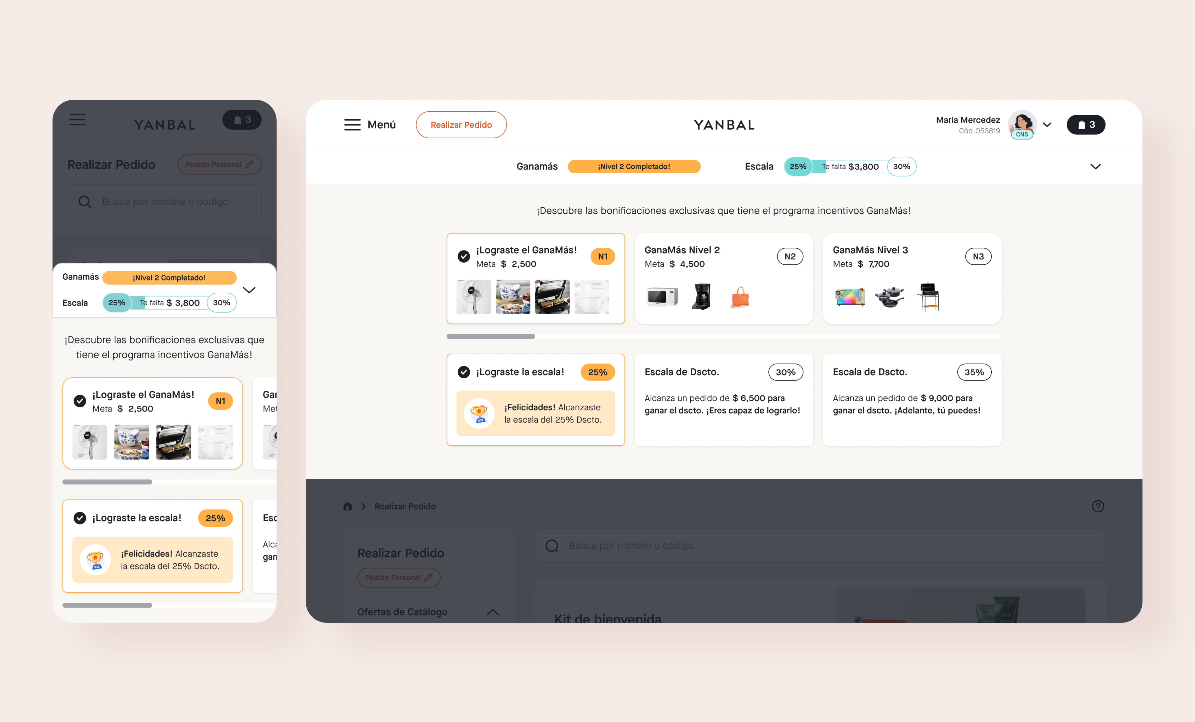 Yanbal Ganamás rewards screen — mobile and desktop, showing tiered reward cards with spend thresholds, completed levels marked, and 'te falta $X' framing on the Escala discount tiers