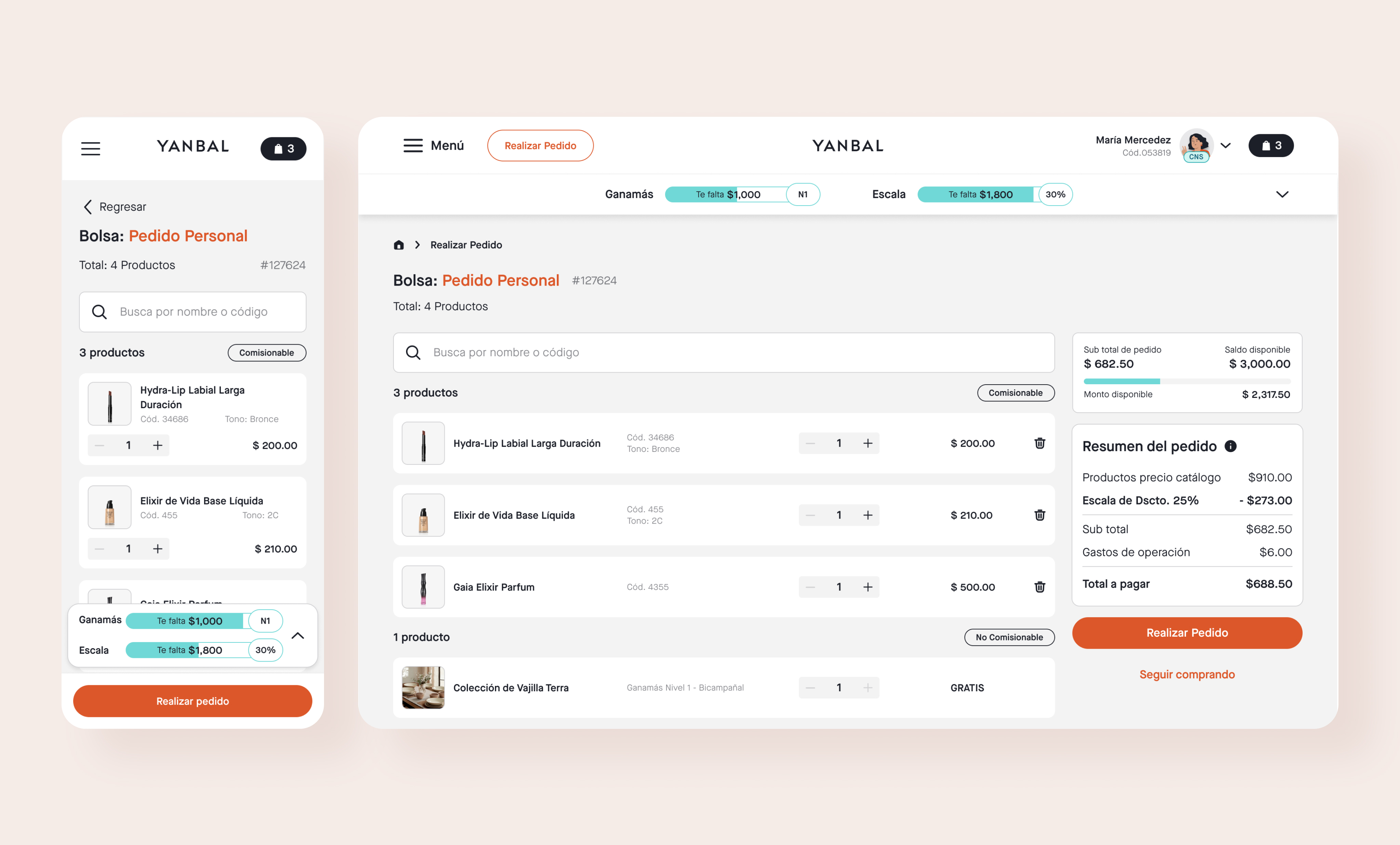 Yanbal bag / cart screen — mobile and desktop, showing in-bag search, commissionable and non-commissionable product splits, and an order summary breaking out tier discounts, operating costs, and total to pay
